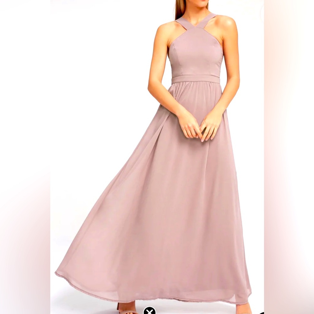 Lulu’s Air of Romance Taupe Halter Maxi Prom Formal Evening Gown Dress size XS